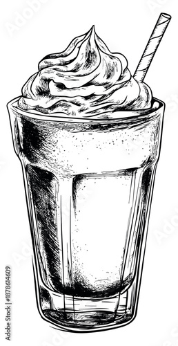 Hand drawn line art illustration of a milkshake depicting a creamy sweet beverage with whipped cream and a straw for dessert menus