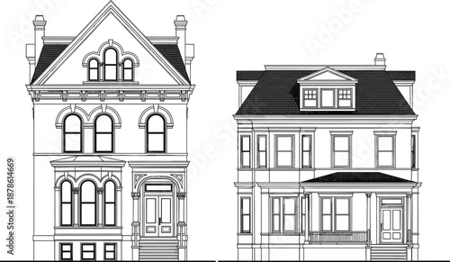 Victorian and classic house facade architectural line drawing front view illustration set for real estate and construction design