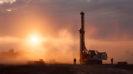 A drilling rig operates at sunset with dust clouds and silhouetted figures on an industrial site under a warm atmospheric sky