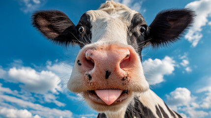 Cow face close up with pink nose and tongue out. Black and white spotted mammal looks at camera against blue sky with clouds. Funny, playful, curious animal