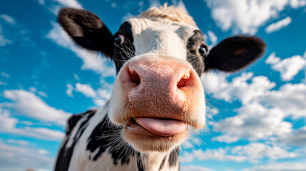 Cow face close up with pink nose and tongue out. Black and white spotted mammal looks at camera against blue sky with clouds. Funny, playful, curious animal
