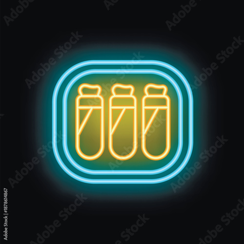 This neon sign is glowing yellow and blue, showing three test tubes