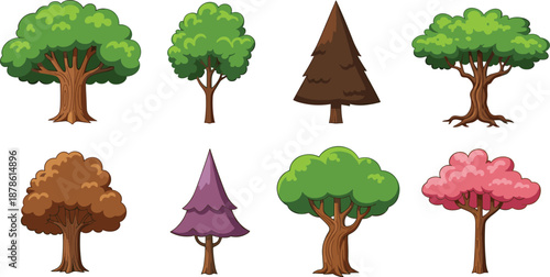 Colorful Cartoon Tree Collection with Different Shapes and Styles, Nature Forest Icons Set for Games and Illustrations