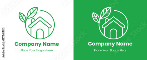 Eco House Line Icons Set, Green House Logo with Leaf Home Symbol in Linear Outline Style, Nature Eco Home Signs for Sustainable Living, Energy Efficient Housing, Environmental Design and Green Archite