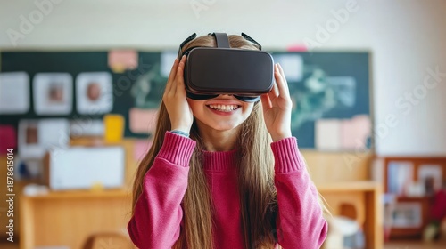 Smiling girl wears VR headset in classroom