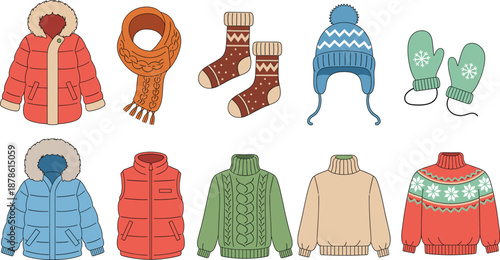 Set of winter clothing vector illustrations featuring puffer jackets, warm knit sweaters, wool socks, scarves, mittens, and pompom hats for cold weather fashion themes.