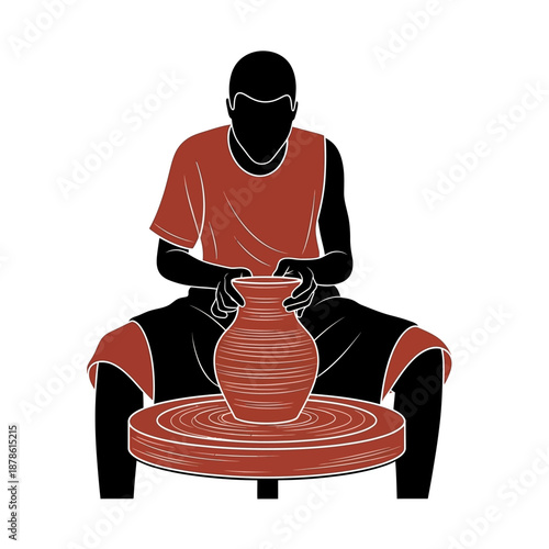 Skilled artisan crafting a traditional earthenware vase while seated firmly at a spinning potter's wheel creating handmade ceramic art on transparent background