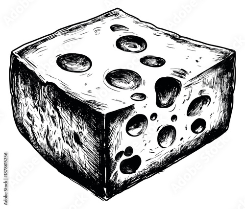 Hand drawn line art illustration of a cheese block depicting a rustic texture for food and dairy concepts