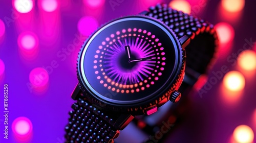 Modern watch with colorful digital display against vibrant bokeh
