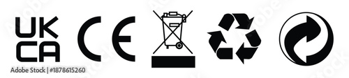 Vector icon set of recycling, disposal, and packaging symbols including Mobius loop, PAP code, 12M shelf life, and trash bin. Ideal for eco product labeling and sustainable packaging.