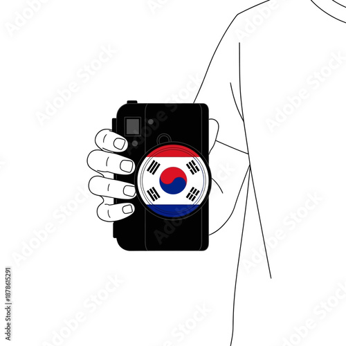 Close up of a hand firmly gripping a black smartphone featuring the South Korean flag design on a circular pop socket accessory on transparent background