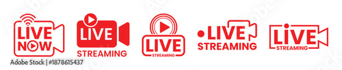Live Streaming Icon Set with Buttons, Banners, Labels, Stickers and Stamps, Live Broadcasting and Online Video Stream Symbols, Watch Live Stream Social Media Logos, Vector Illustration