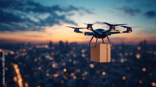 Drone delivering package at dusk over city
