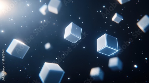 Abstract digital graphic of many light gray cubes floating in space