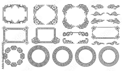 Asian golden frames and borders with traditional Chinese Korean and Japanese ornaments