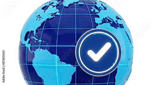Digital globe with a prominent checkmark symbol