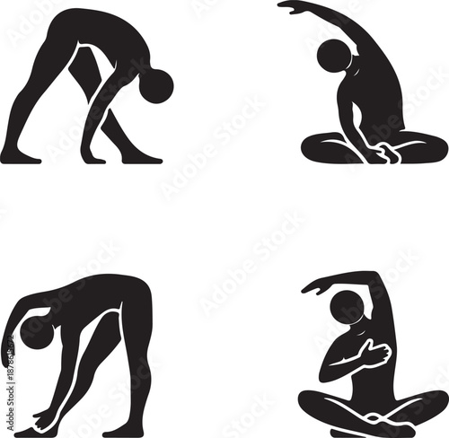 Four black silhouettes of people performing various yoga poses for flexibility and balance on a white background