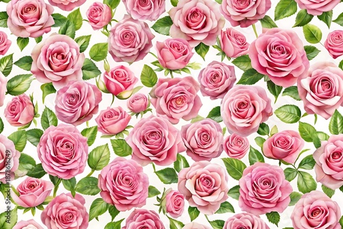 Close up of a pink rose with green leaves
