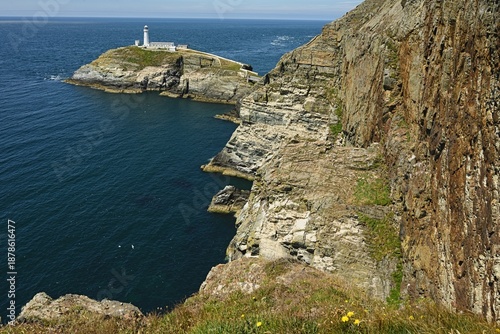 South Stack Lighthouse on Holy Island, Anglesey, Wales, standing on rugged coastal cliffs above the Irish Sea.