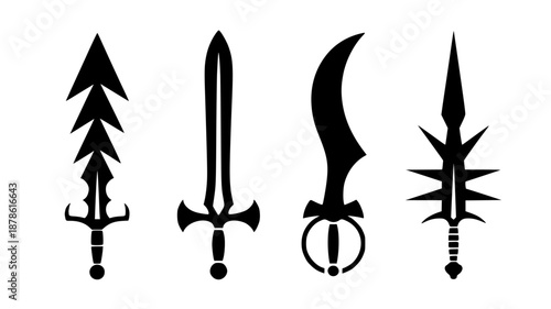Set of 4 Medieval Sword Silhouettes Vector isolated PNG with Transparent Background