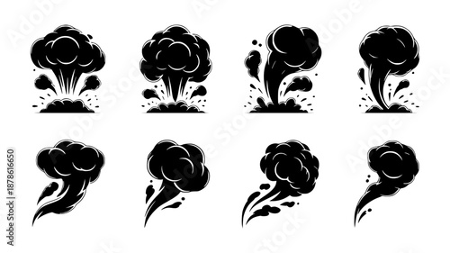 Set of 8 black floral splash illustrations vector