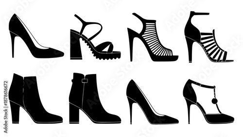 Set of 8 High Heel and Boot Illustrations Vector isolated PNG with Transparent Background
