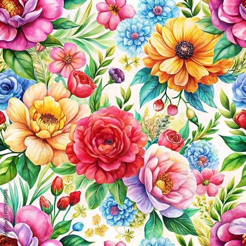 Colorful flower painting with a variety of flowers including roses, daisies