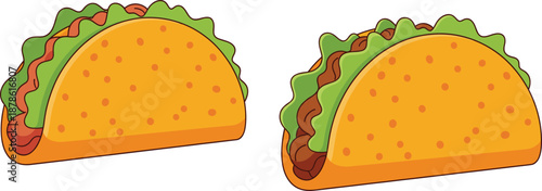 Professional vector illustration set featuring two delicious Mexican tacos with seasoned meat, fresh lettuce, and tomatoes on corn tortillas.