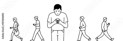 People Walking and Texting on Smartphones Black and White Line Art Illustration