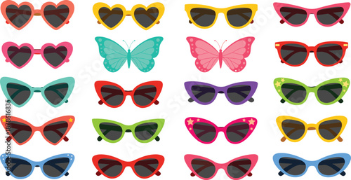 Professional vector illustration set of colorful novelty sunglasses featuring heart shapes, butterfly frames, cat-eye styles, and decorative star patterns isolated.