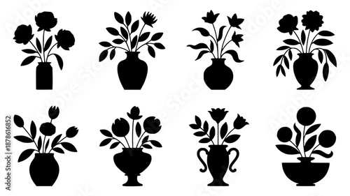 Set of 8 Floral Silhouette Icons isolated PNG with Transparent Background