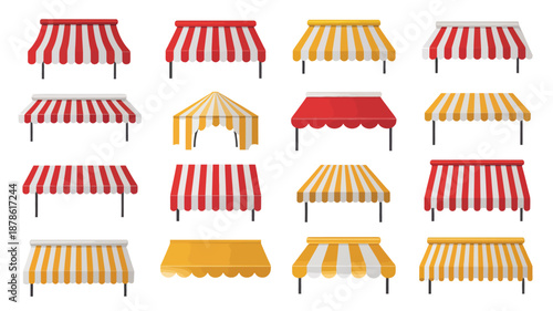 Collection of colorful striped vector awnings and market tents for cafes, shops, and outdoor events, isolated on a white background, perfect for design elements