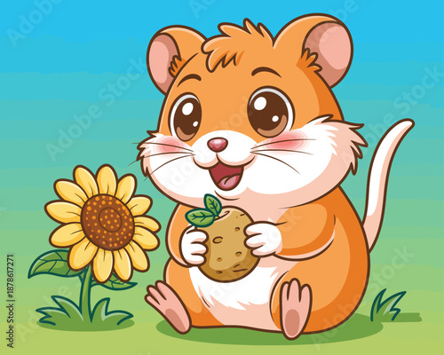 Cute cartoon hamster, with a sunflower and potato enjoying a healthy snack outdoors, ranking high for animal illustration and children content.