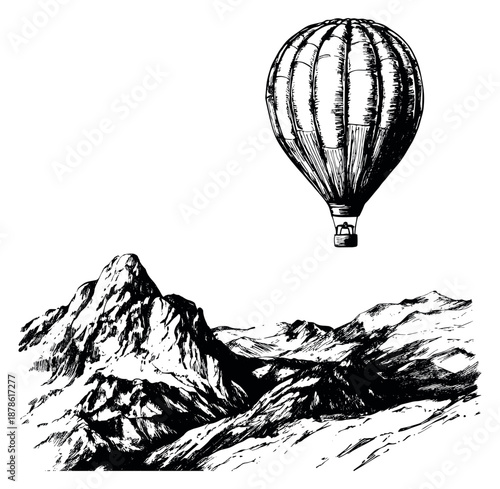Hand drawn line art illustration of a hot air balloon above mountains depicting a scenic adventure for travel and exploration concepts