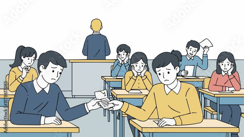 Students cheating on a test in a classroom with a teacher watching.