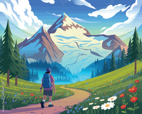 Majestic mountain landscape with a hiker on a path surrounded by wildflowers