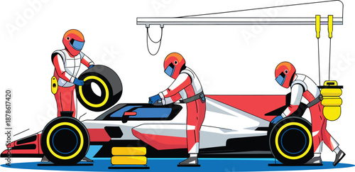 Dynamic pit crew working quickly on a high-performance racing vehicle during a crucial race stop with teamwork