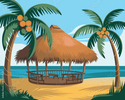 Idyllic tropical beach illustration a charming thatched hut, coconut palms, and peaceful ocean