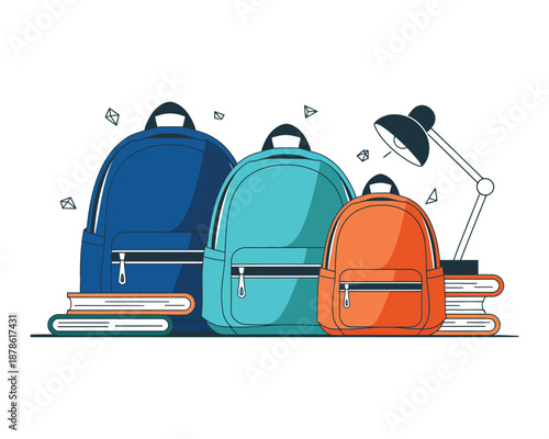 Colorful collection of school backpacks, textbooks, and a desk lamp, symbolizing education and student readiness