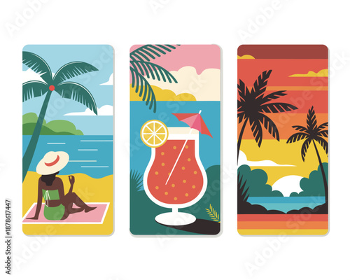 Tropical Summer Beach Vacation Scenes with Palm Trees and Cocktails