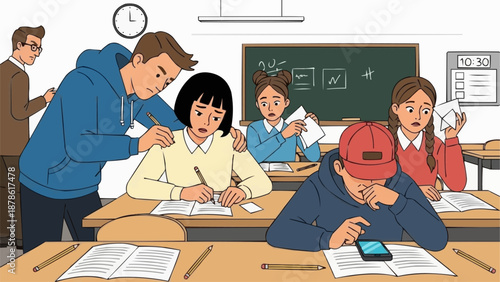 Students experiencing stress and bullying in a classroom setting during a test.