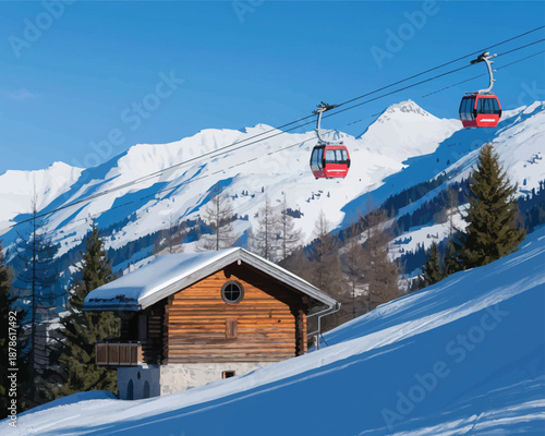Charming wooden cabin nestled on a snowy slope with a ski lift overhead