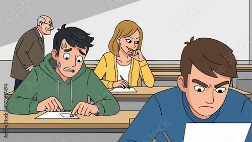 Students feeling stressed during a difficult exam in a classroom setting.