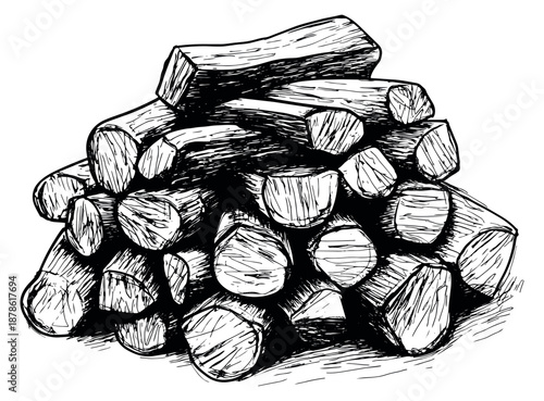 Hand drawn line art illustration of firewood depicting a pile of stacked logs for a cozy winter scene