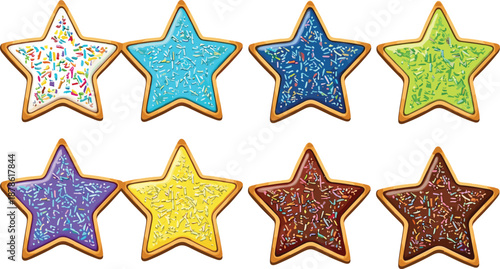 Colorful star shaped cookies vector set with icing and sprinkles in flat illustration style isolated on white background
