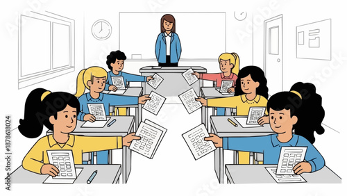 Students in a classroom holding up papers for the teacher.