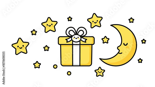 Cute cartoon moon, stars and gift box with bow, kawaii style, white background