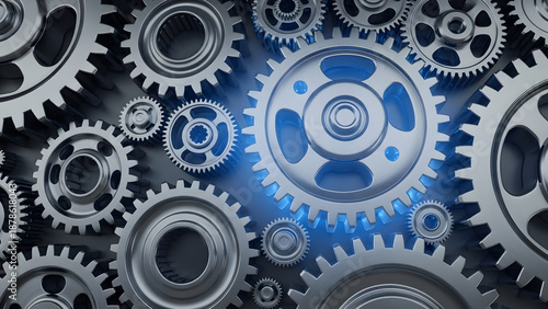 Wallpaper Mural Intricate metallic gears in 3d animation, one glowing blue, symbolize conceptual engineering and technological innovation Torontodigital.ca