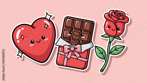 Cute Kawaii Heart, Chocolate Bar, and Rose with Happy Faces