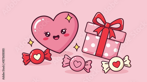 Cute Kawaii Heart, Gift Box, and Candies on Pink Background - Valentine's Day Illustration